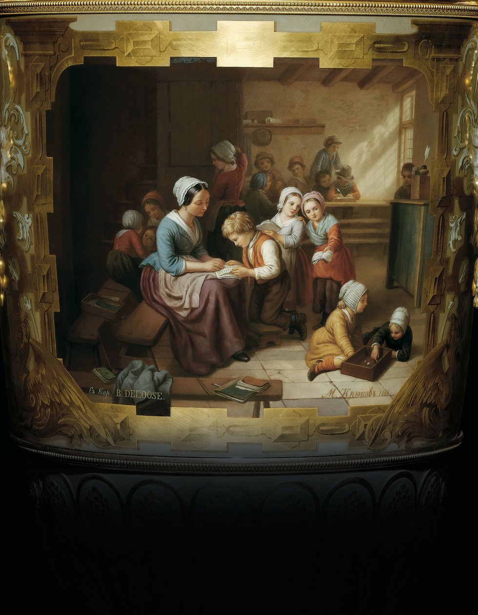 Geschilderd detail van een Alexander II tweehandige porseleinen en bladgouden vaas, die een schoolklas tafereel afbeeldt na B, 1866 door Russian School