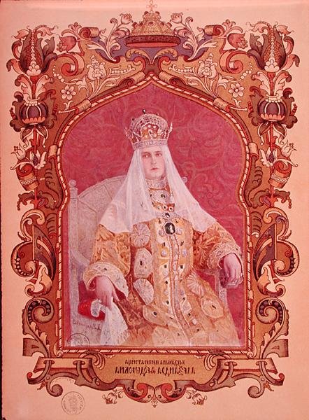 Portret van Tsarina Alexandra Feodorovna (1872-1918) in traditionele kroningsjurk, c.1894 door Russian School