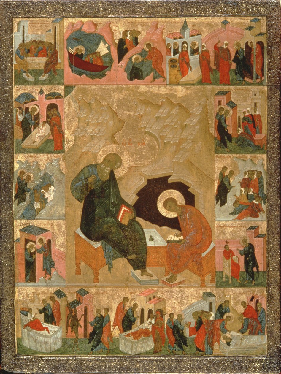 St. Johannes de Evangelist en zijn Schrijver, c.1500 door Russian School