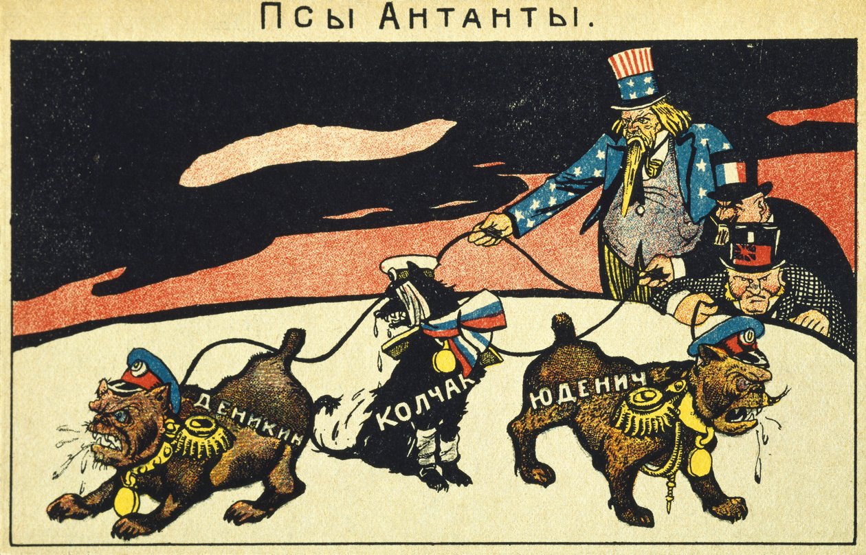 De kapitalisten laten hun honden los, bolsjewistisch propagandamanifest, Russische Revolutie, Rusland, 20e eeuw (ets) door Russian School