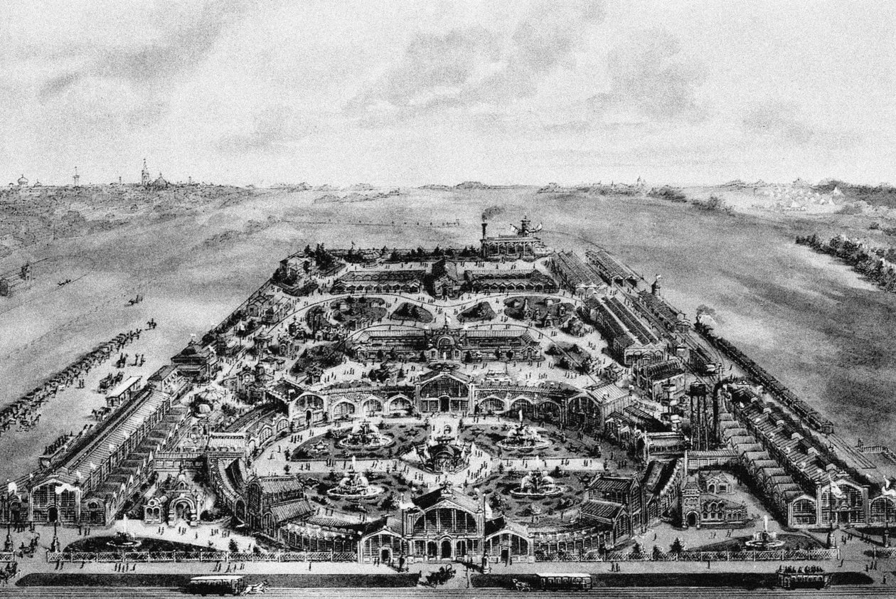 Uitzicht op de All-Russische Expositie van 1882, Khodynka, Moskou, Rusland door Russian School