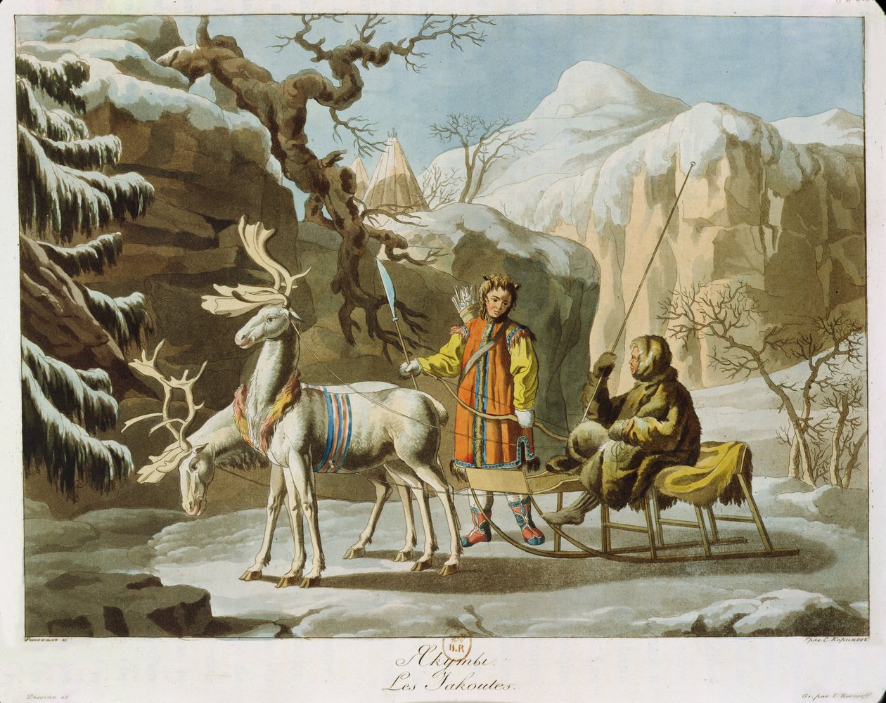 Jakoeten van centraal Siberië in winterlandschap, gekleed in bont en met een rendierslee, gepubliceerd 1813 door Russian School