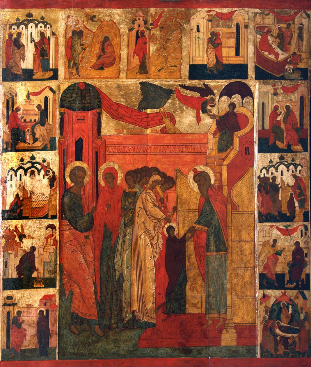 De intocht van de Allerheiligste Theotokos in de tempel, 16e eeuw door Russian icon.