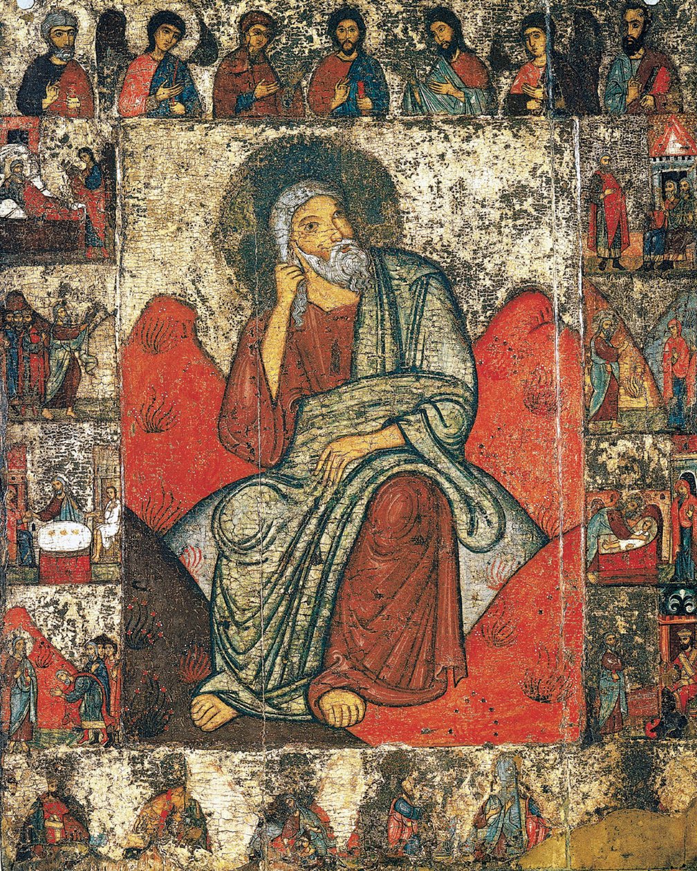 De profeet Elia in de wildernis met scènes uit zijn leven en Deesis door Russian icon.