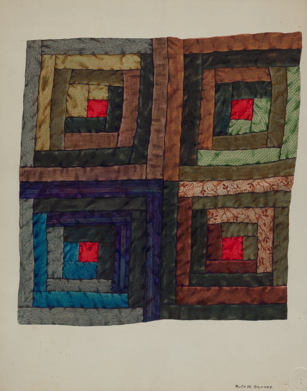 Blokhut quilt, ca. 1937 door Ruth M Barnes
