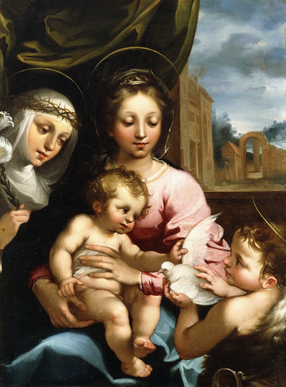 De Madonna en het Kind met de jonge Sint Jan de Doper en Sint Catharina van Siena, ca. 1597-1612 door Rutilio Manetti