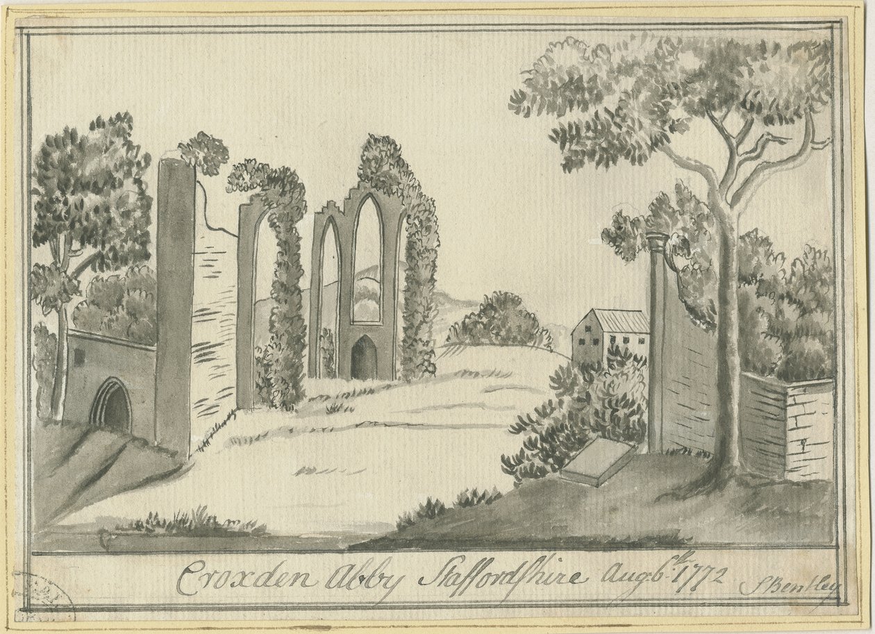 Croxden Abbey: sepia tekening, 6 aug 1772 door S Bentley