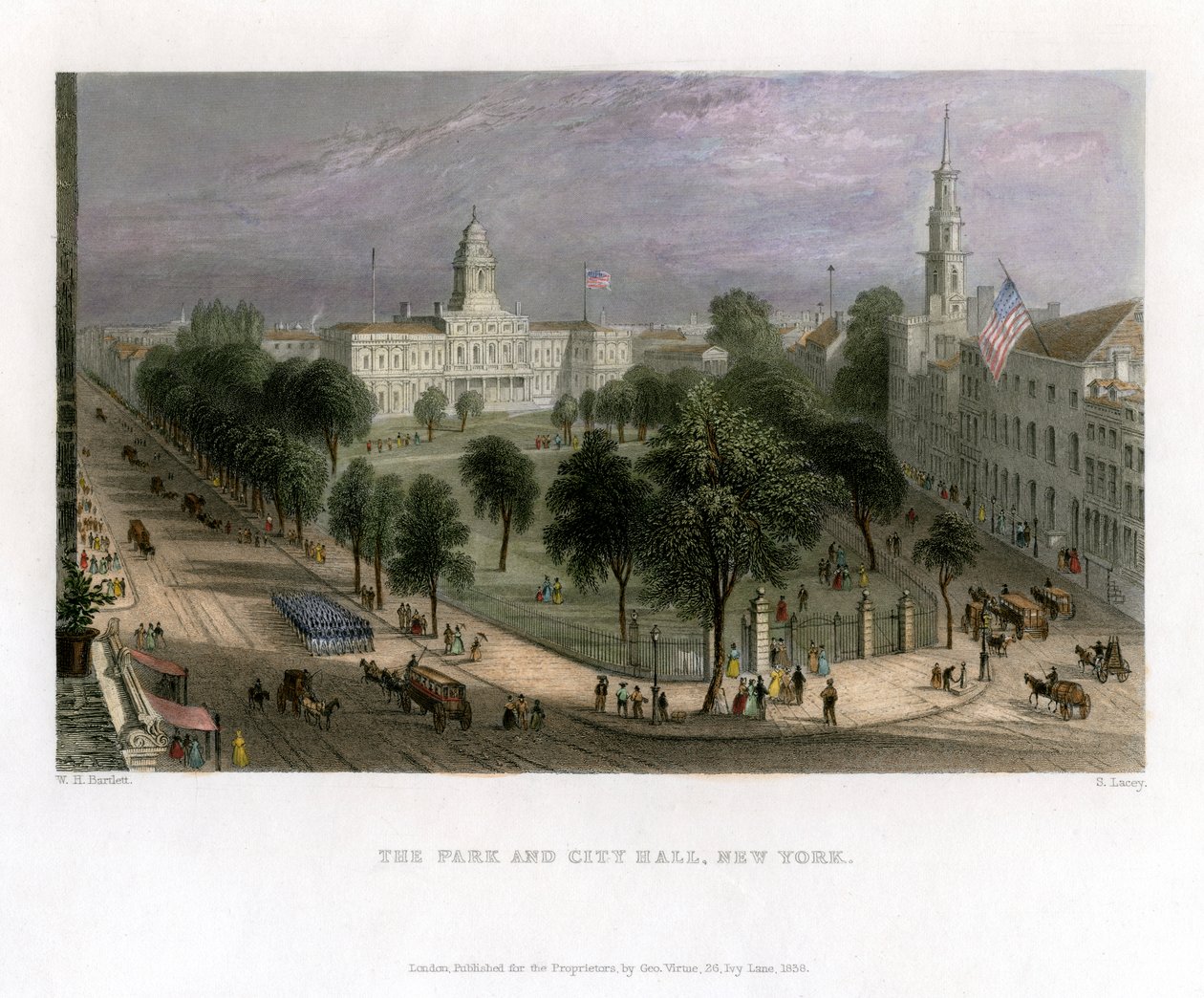 Het Park en het Stadhuis, New York, VS, 1838 door S. Lacey