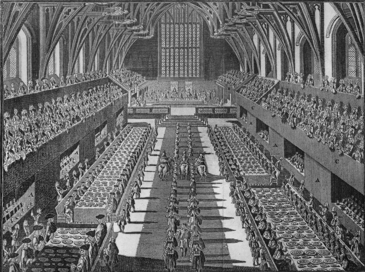 Het interieur van Westminster Hall tijdens het kroningsbanket van koning George II, 1727, 1911 door S Moore