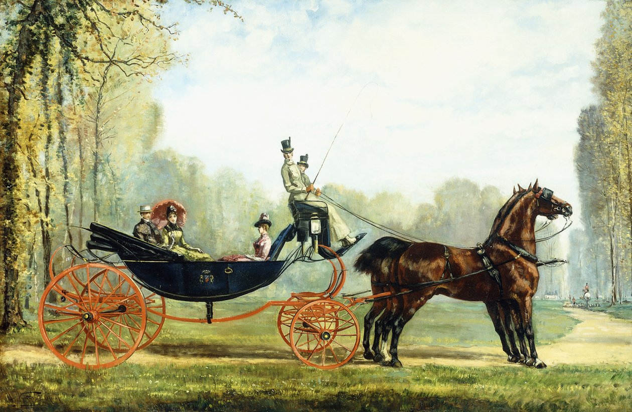 Een Paard-en-Wagen in een Park met een Jacht op de Achtergrond door S. Normand