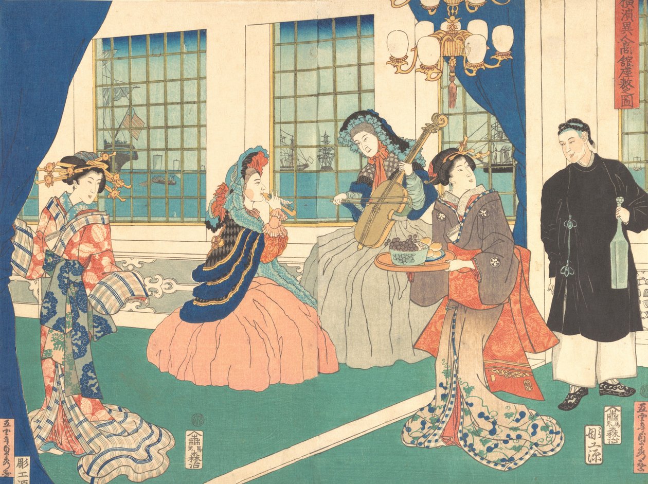 Salon van een buitenlands bedrijf in Yokohama, 9e maand, 1861 door Sadahide Utagawa