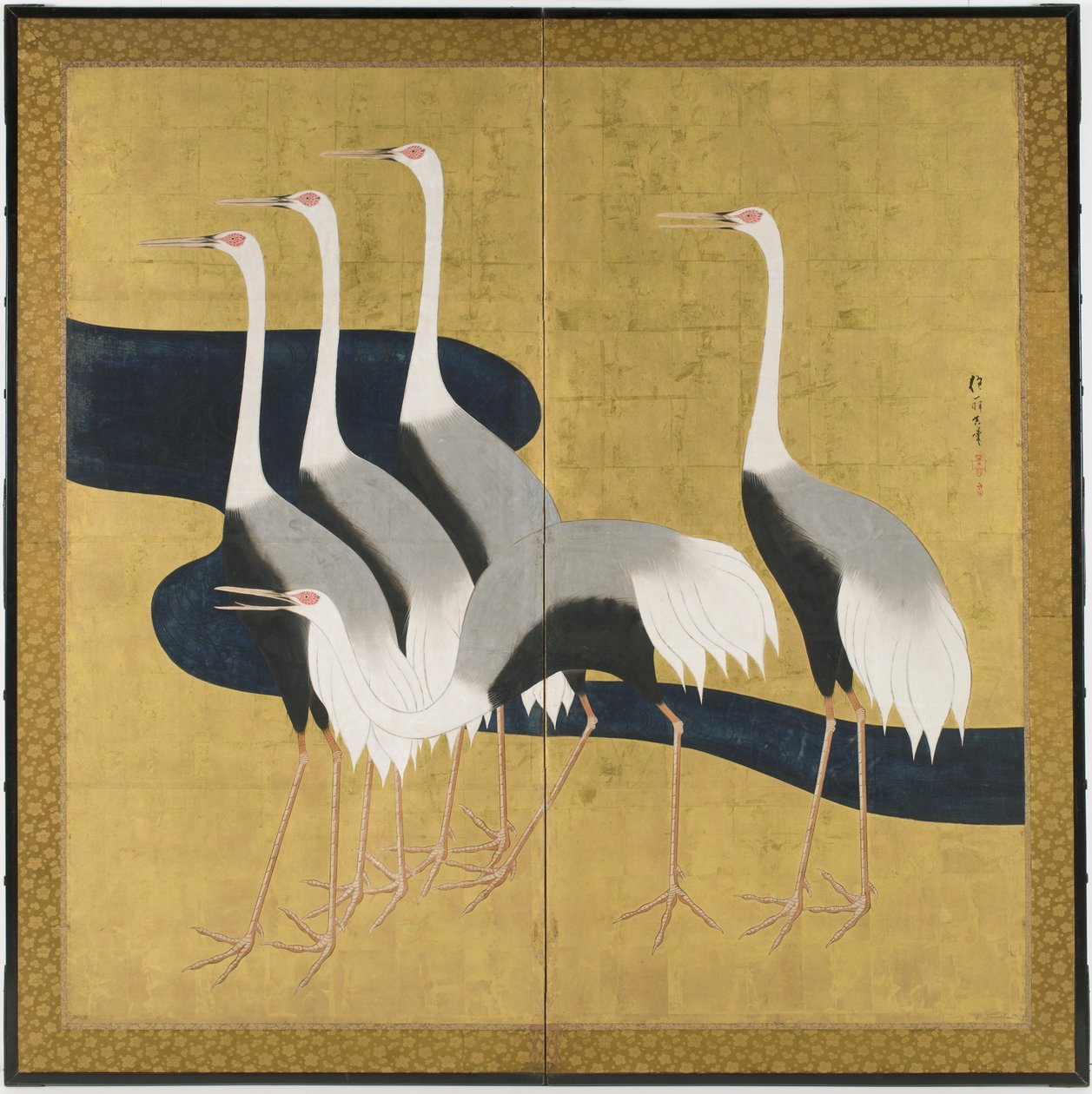 Tweeluik vouwscherm met kraanvogels (inkt, kleuren en goud op papier) door Sakai Hoitsu
