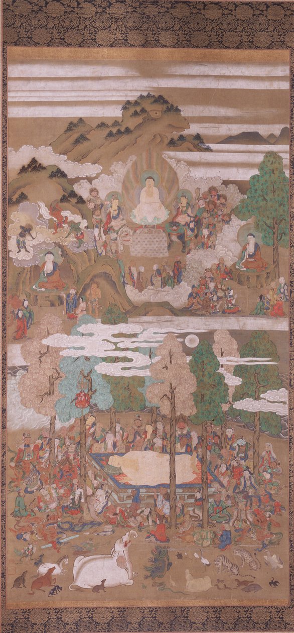 Dood van Sakyamuni Boeddha (inkt, kleur  goud op zijde) door Sakon Sadatsuna
