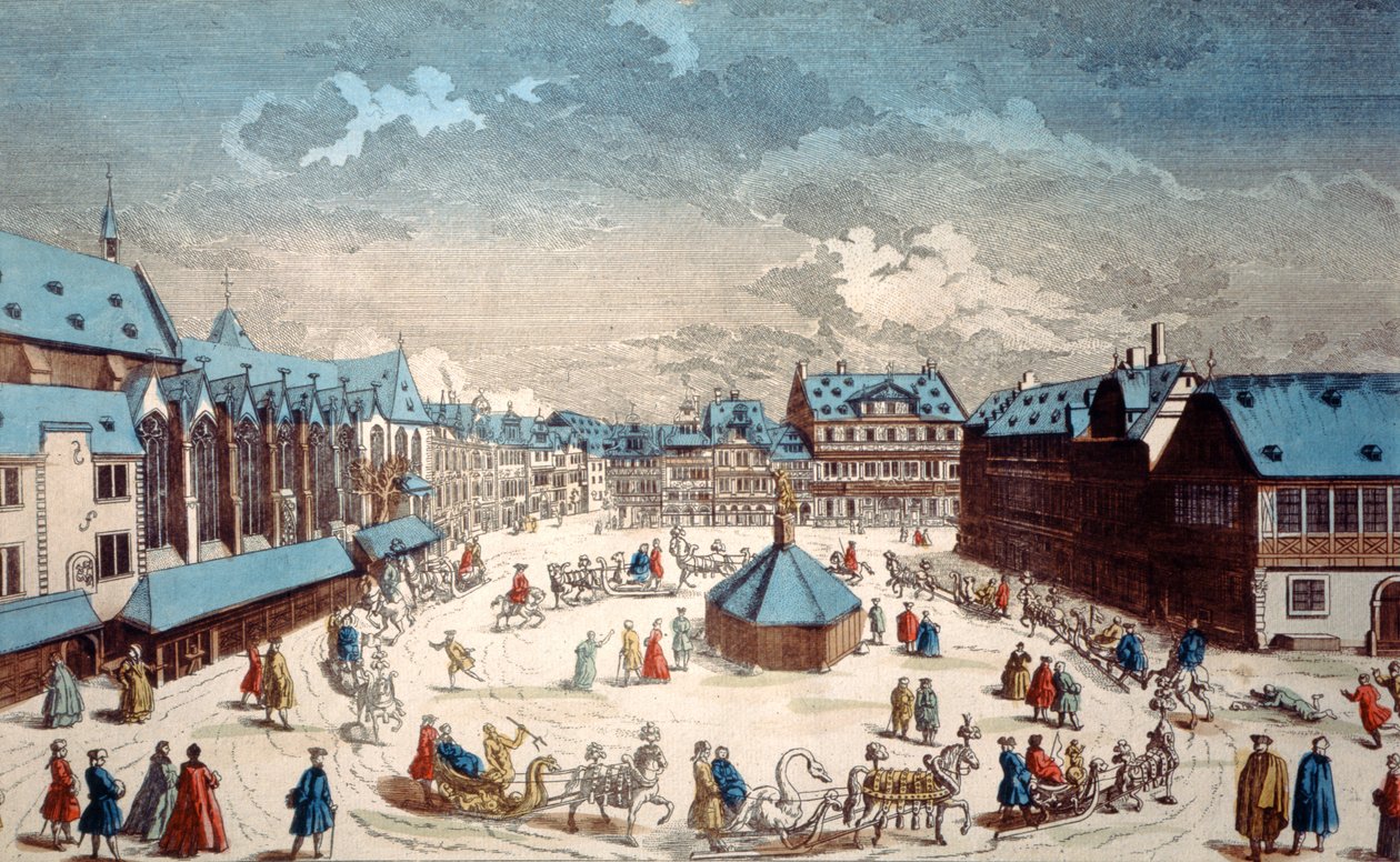 Uitzicht op het Liebfrauenbergplein in de winter, Frankfurt am Main, 1738 door Salomon Kleiner