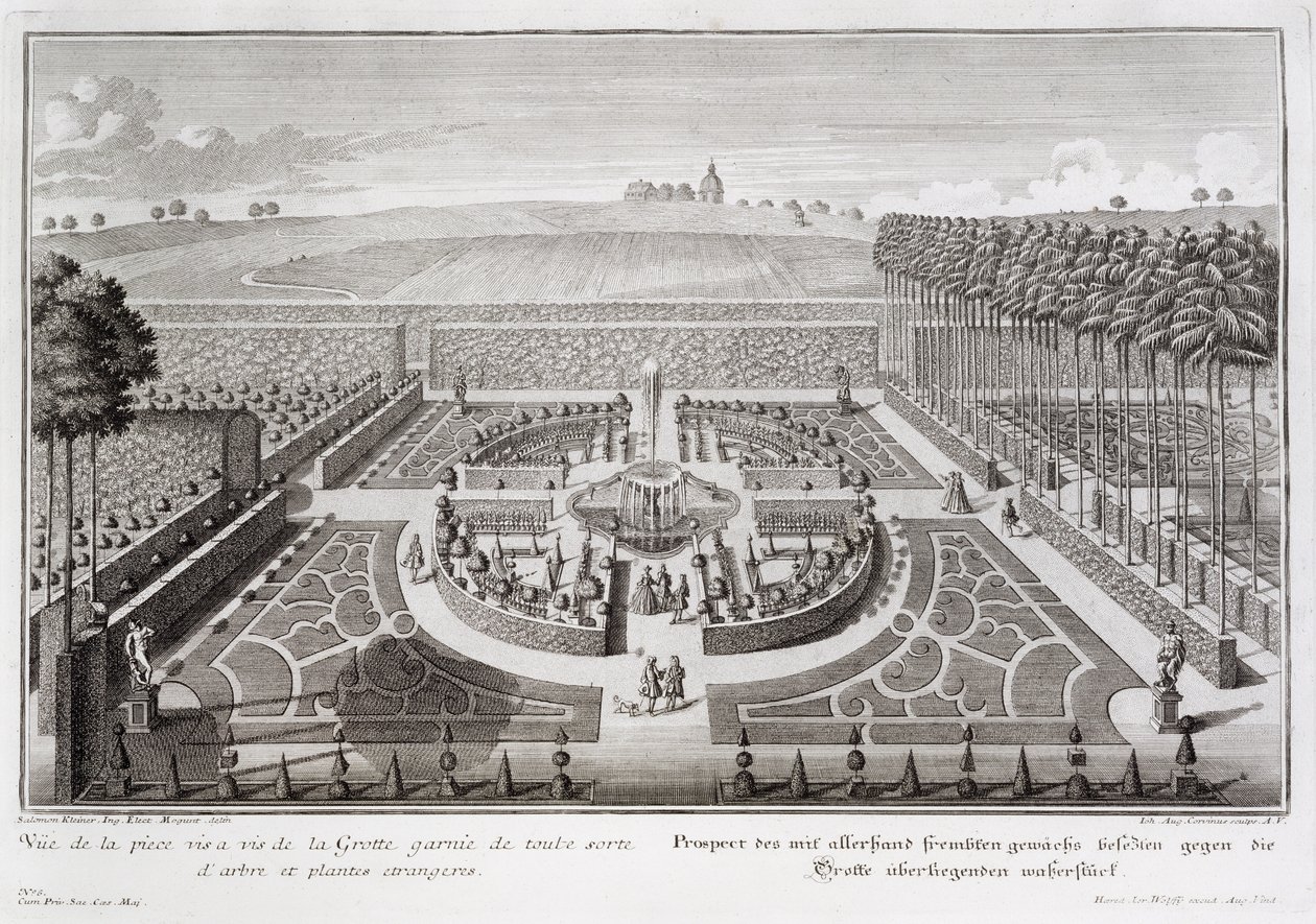 Uitzicht op de topiary tuin naast de grot, Geibach, gegraveerd door Johann August Corvinus, gepubliceerd 1728 door Salomon Kleiner