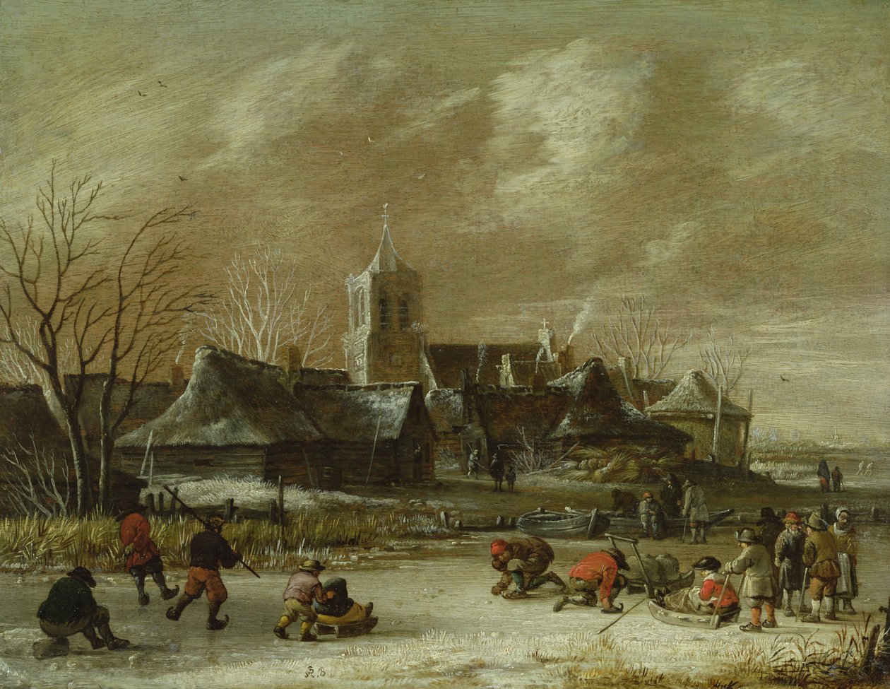 Stad in de winter met schaatsende figuren door Salomon Rombouts
