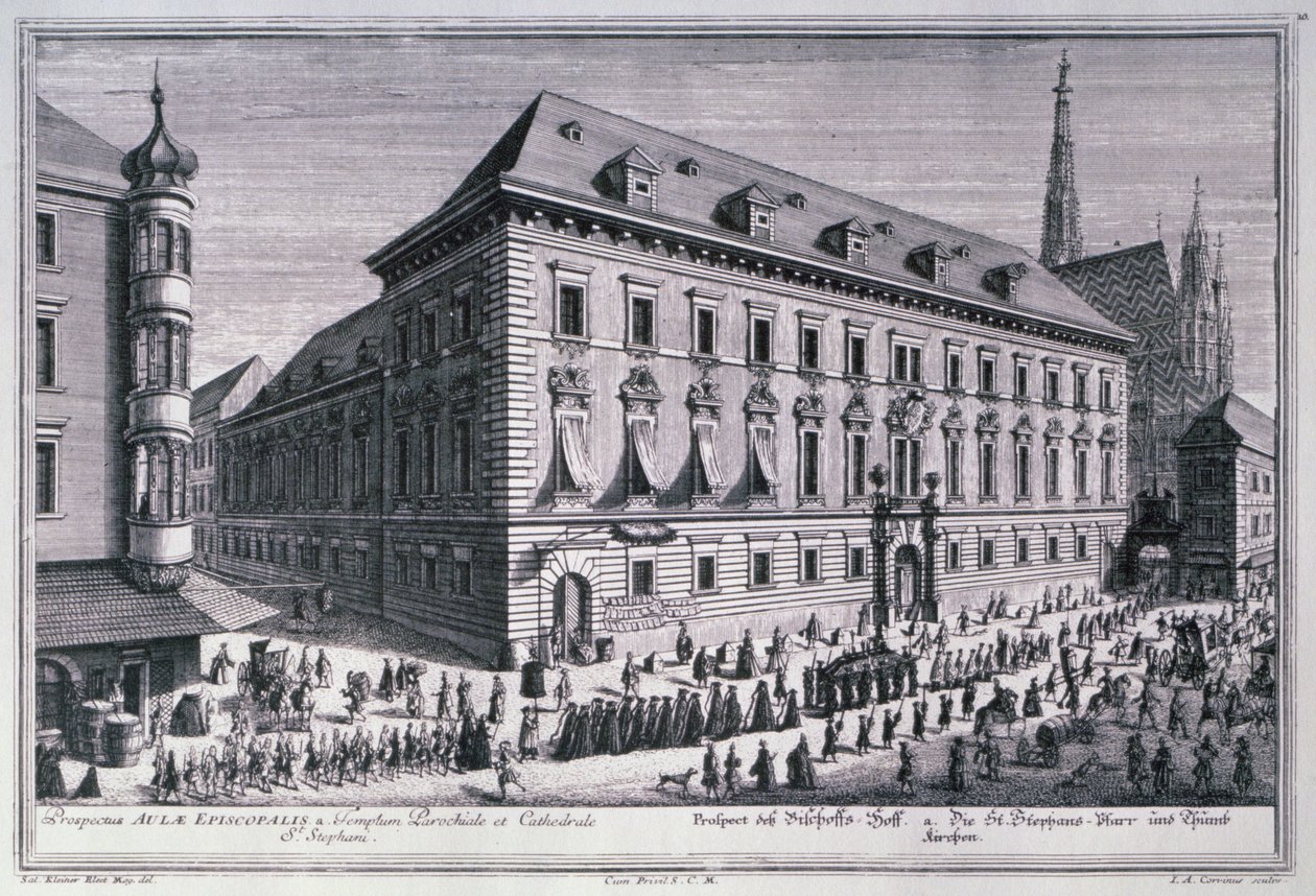 Uitzicht op een begrafenisstoet met de Stephansdom op de achtergrond gegraveerd door Johann-August Corvinus (1683-1738) door Salomon after Kleiner