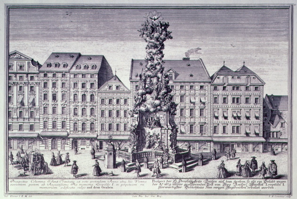 Uitzicht op de Pestsaule, de Pestzuil in opdracht van Keizer Leopold I ter herdenking van de bevrijding van Wenen van de pest van 1679, bedacht door de Jezuïeten en uitgevoerd door Matthias Rauchmiller, Lodo door Salomon after Kleiner