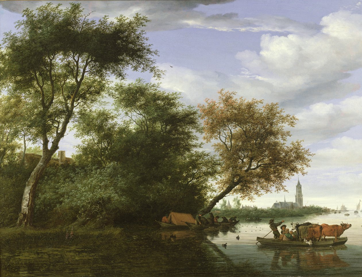 Bosrijk rivierlandschap met figuren en vee op een veerboot door Salomon van Ruisdael or Ruysdael