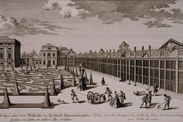 Zicht op een van de Orangerieën in de tuin van de Prins van Schwarzenberg, Wenen, gegraveerd door Georg-Daniel Heumann, gepubliceerd ca. 1724-37 door Salomon (after) Kleiner