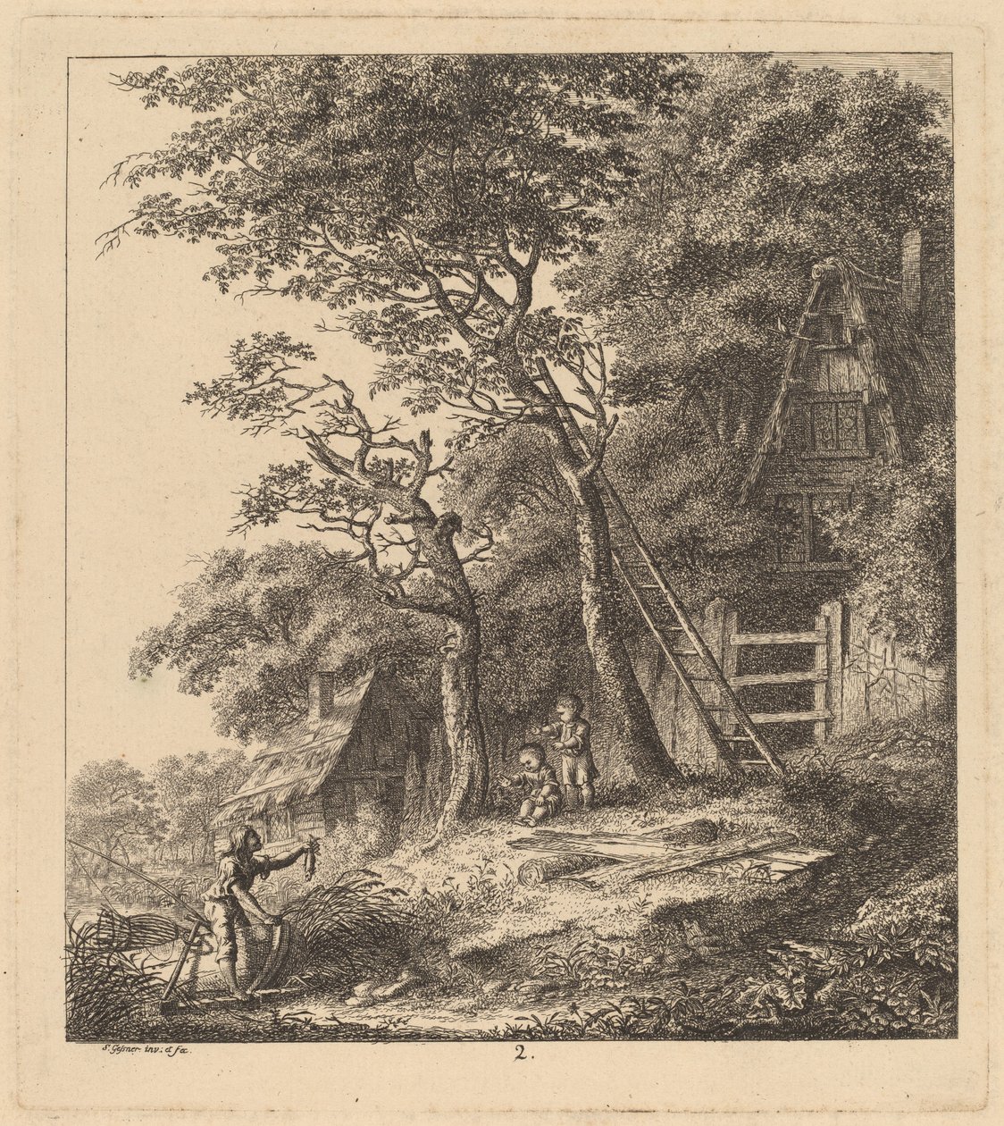 Een visser en twee kinderen in een landschap met rieten huisjes door Salomon Gessner
