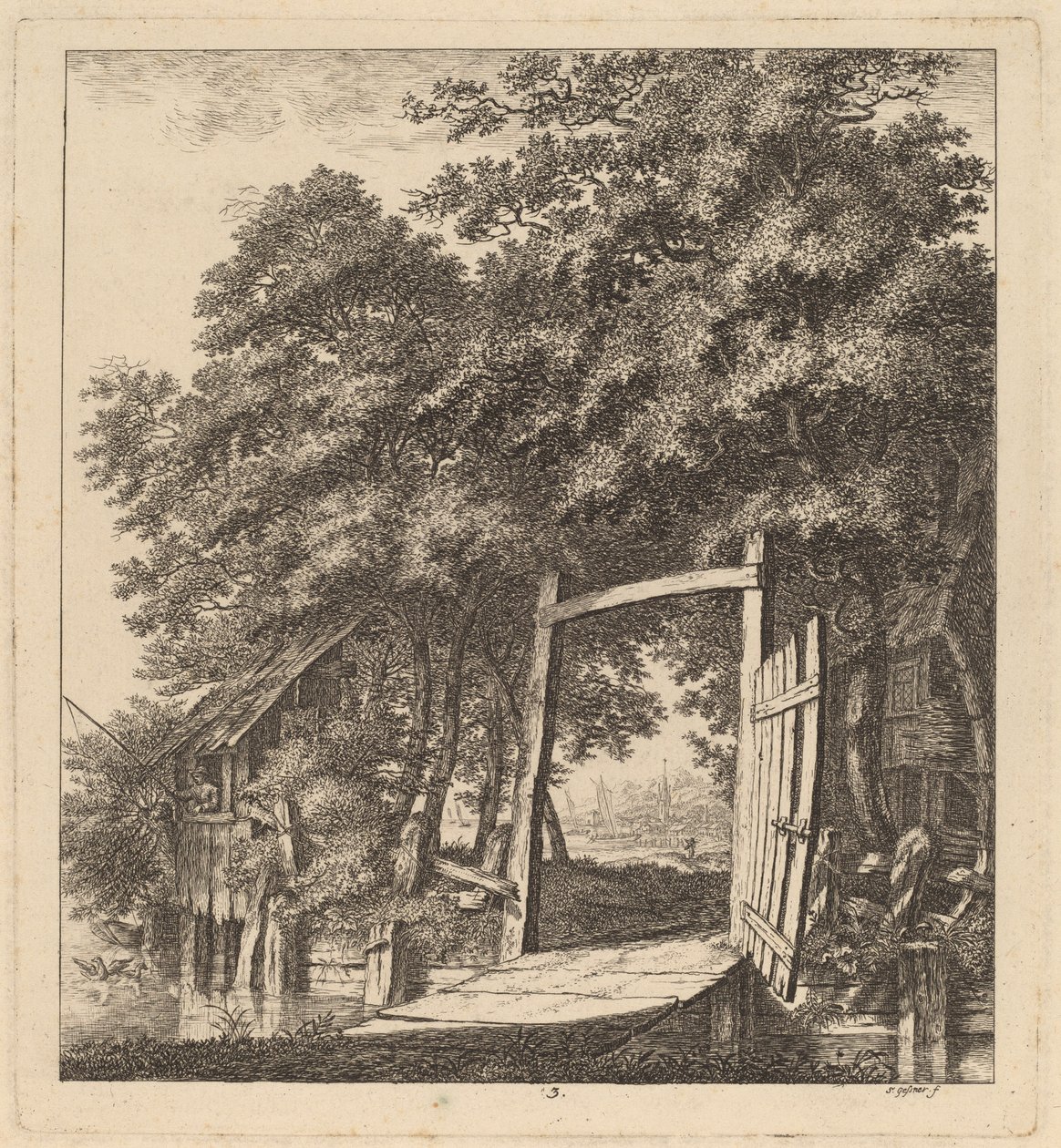 Een Rustieke Poort naast een Meer, 1764 door Salomon Gessner