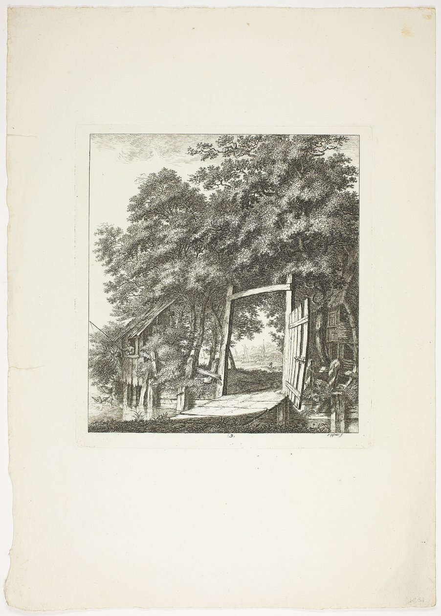 Vissen vanuit een raam, plaat drie uit Paysages Dédiés à M. Warelet door Salomon Gessner