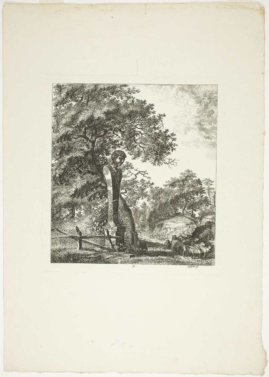 Schapen bij een standbeeld van Pan, plaat vijf uit Paysages Dédiés à M. Warelet door Salomon Gessner