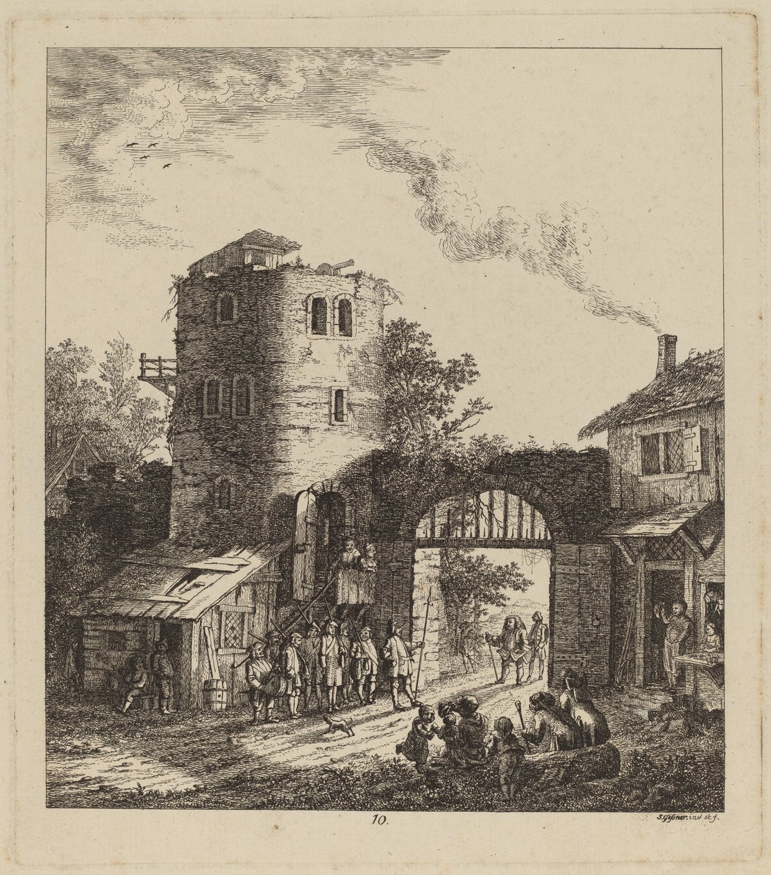 Dorpelingen bij een stadspoort begroeten een hoogwaardigheidsbekleder, 1764 door Salomon Gessner