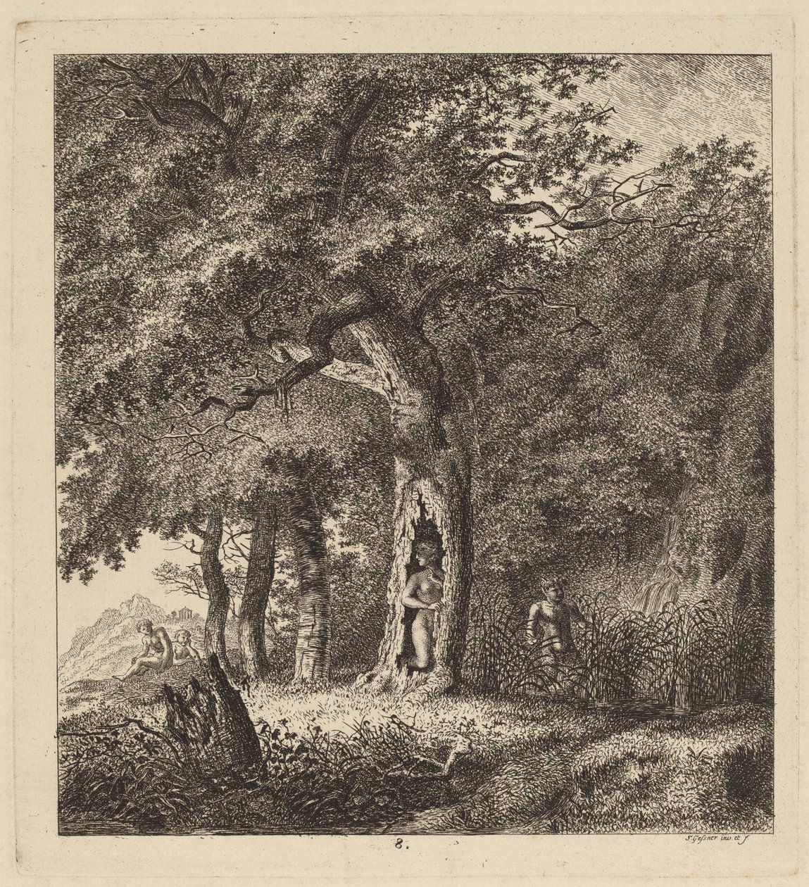 Bosrijk Landschap met een Nimf en een Sater, 1764 door Salomon Gessner