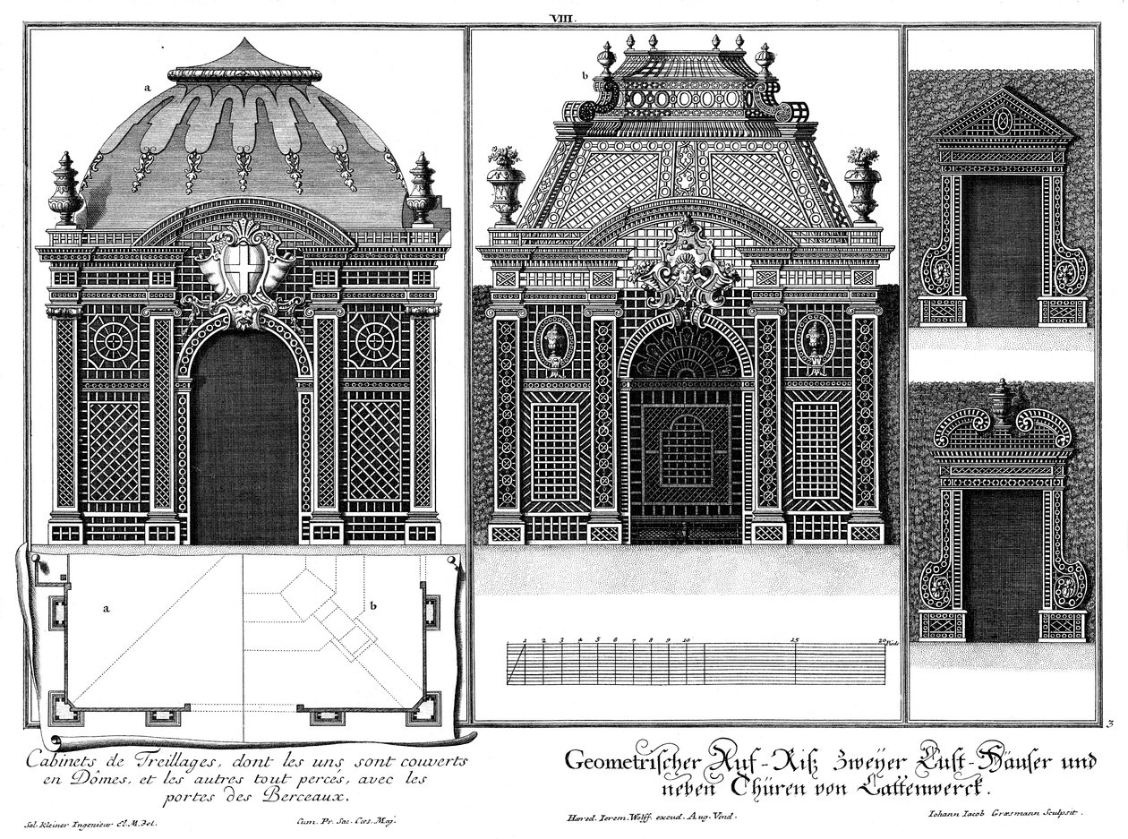 Ontwerp van twee paviljoens van latwerk en twee poorten van de loofgang, plattegrond van twee dakoplossingen door Salomon Kleiner