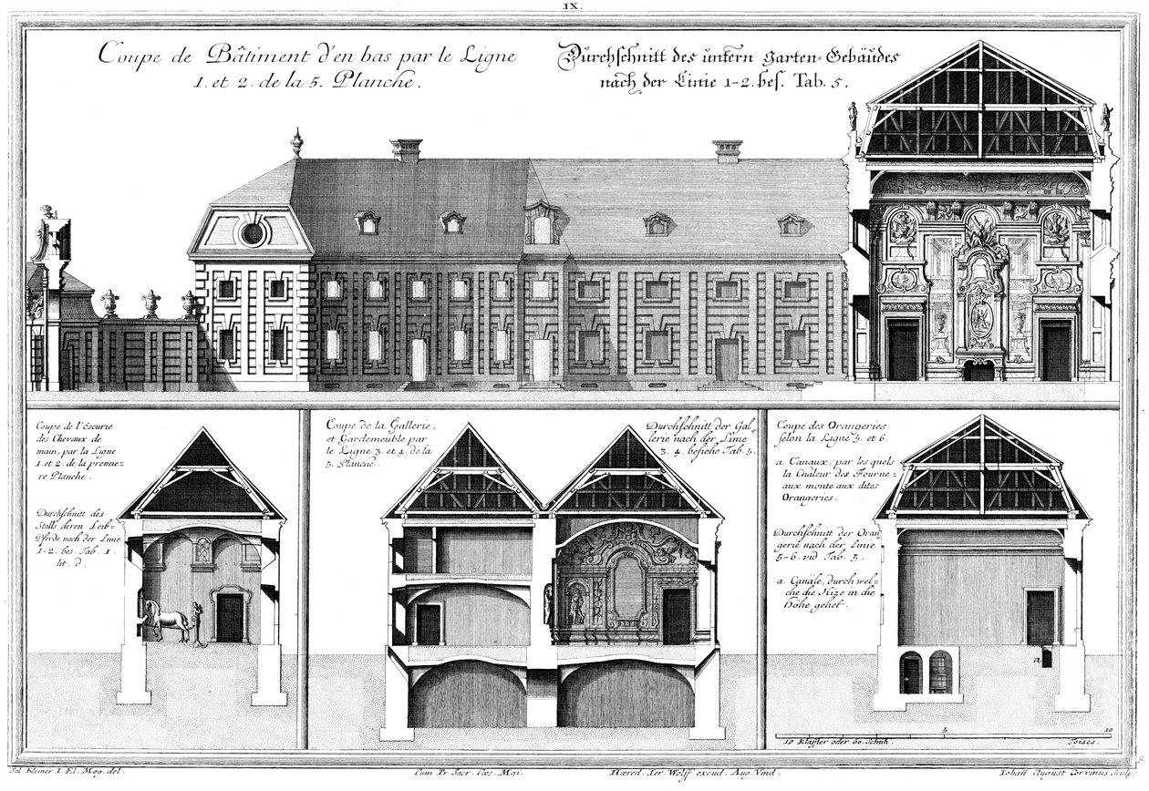 Drie Doorsneden door het Onderste Kasteel, Doorsnede door de Stal voor de Lijfpaarden door Salomon Kleiner