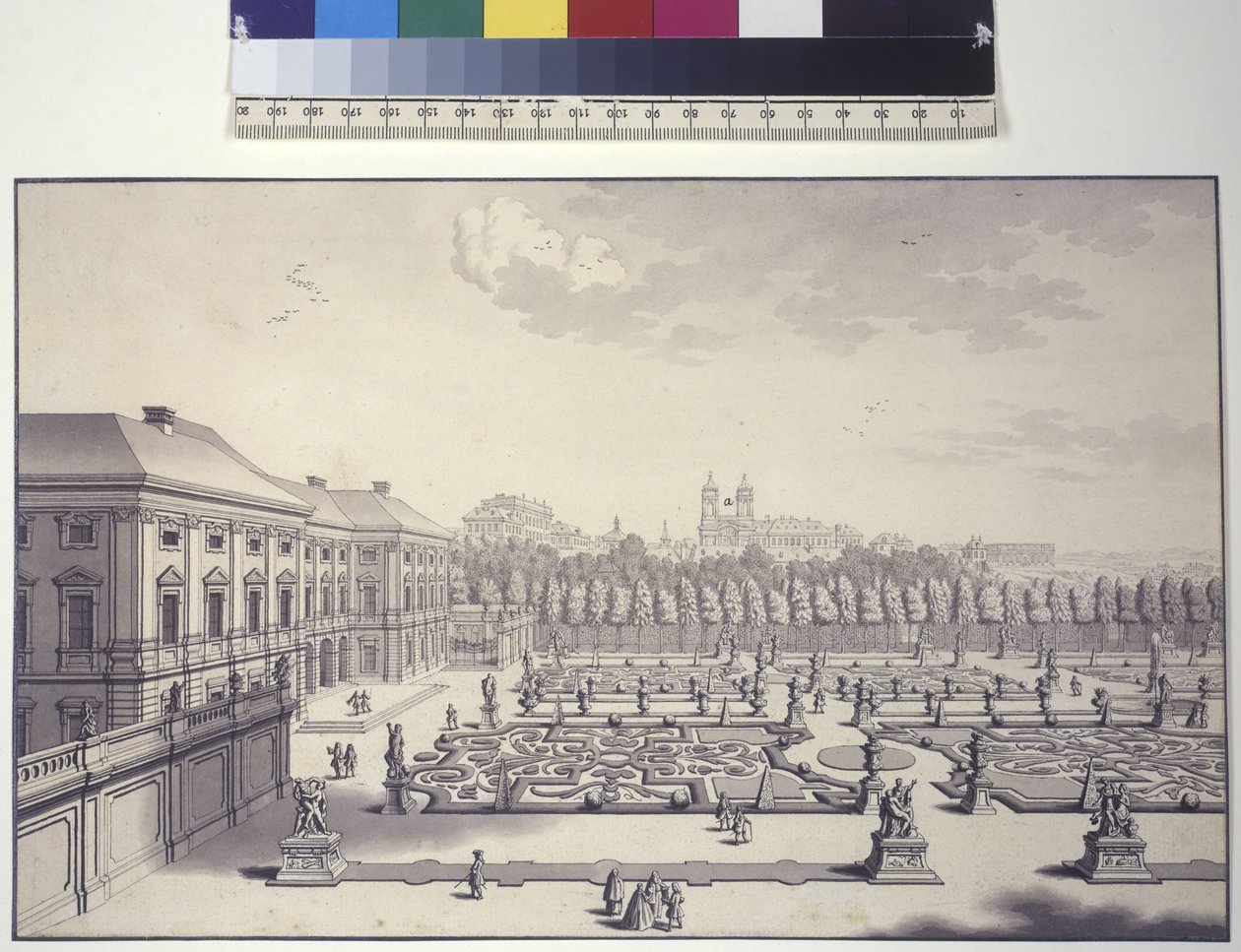 Volledige pagina: Paleis Liechtenstein, zicht op de tuinen naar het zuiden door Salomon Kleiner