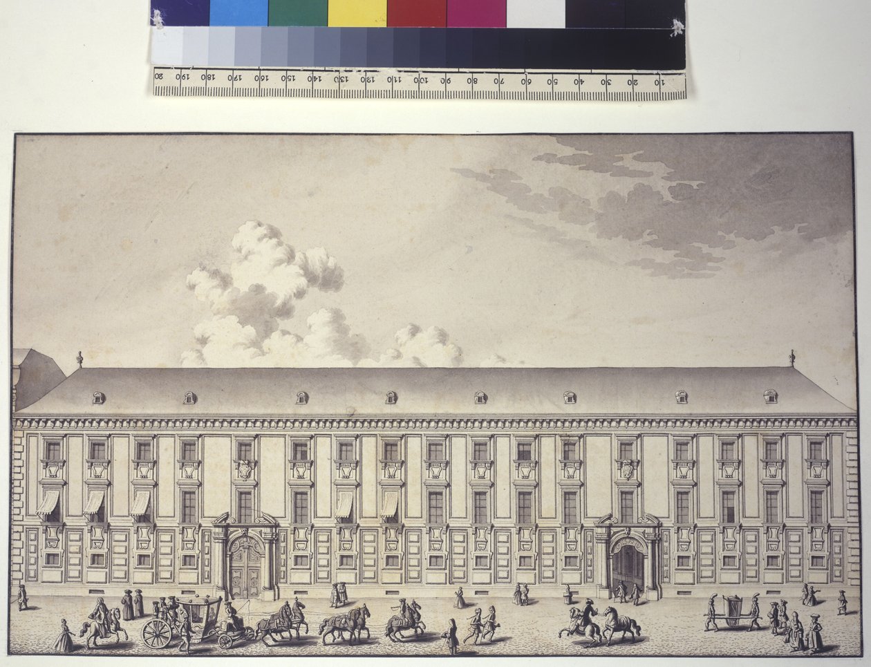 Volledige pagina: vooraanzicht van het paleis bij Nos (pentekening) door Salomon Kleiner