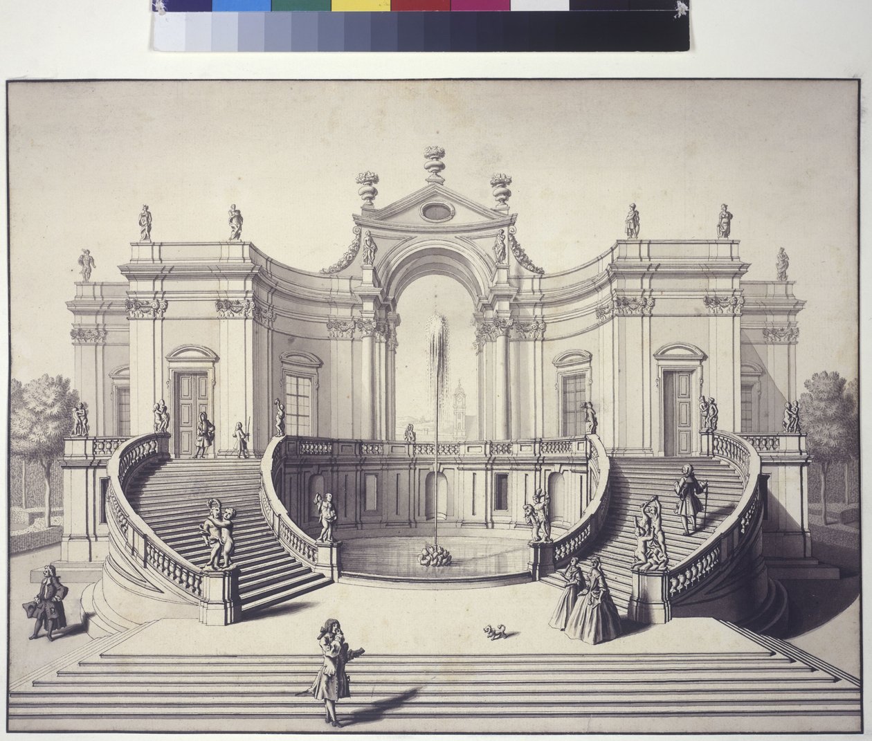 Volledige pagina: tuinpaleis in de tuinen van paleis Liechtenstein, Rossau, Wenen (pentekening) door Salomon Kleiner