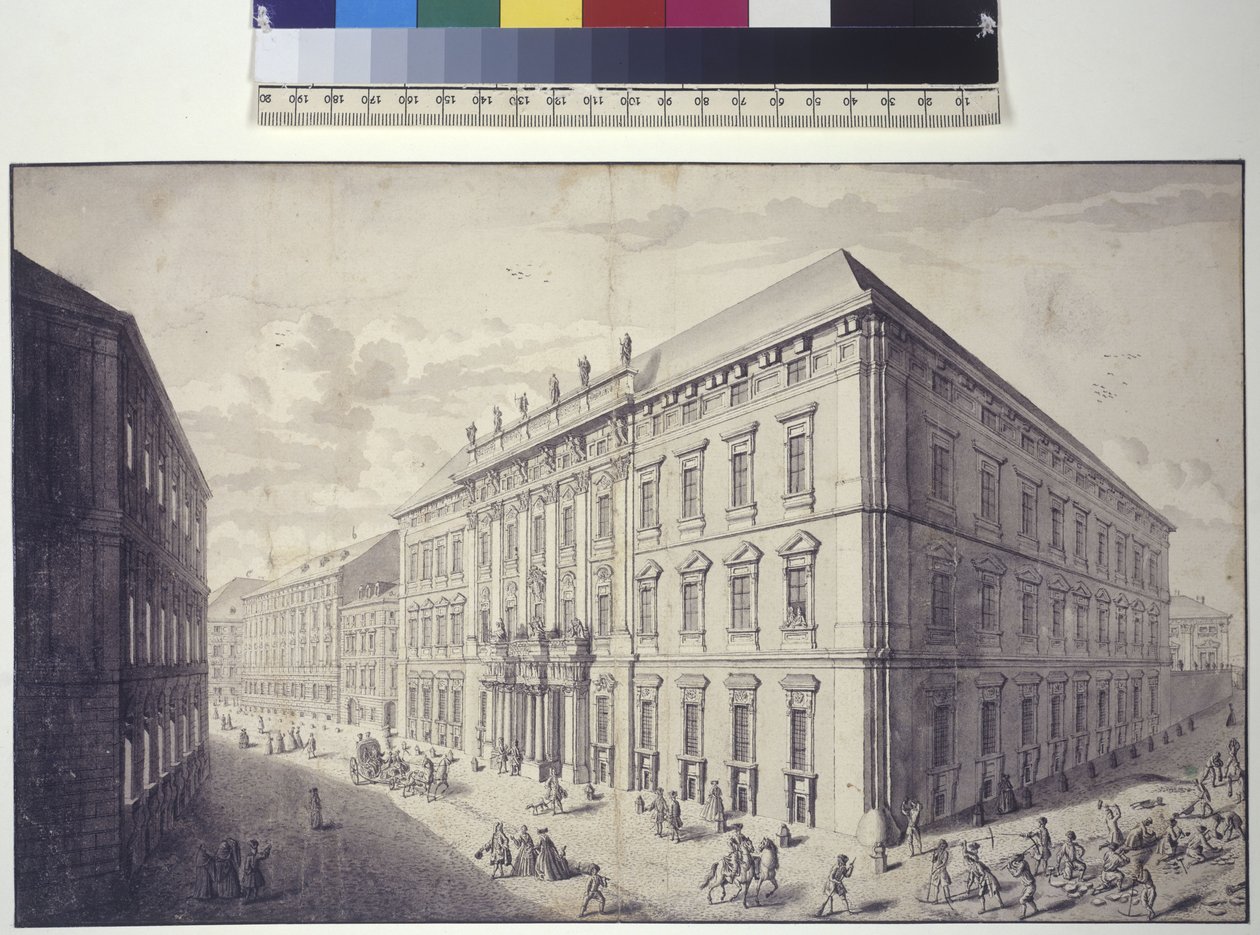 Volledige pagina: schuin zicht op het stadspaleis van Kaunitz-Liechtenstein op nr (pentekening) door Salomon Kleiner