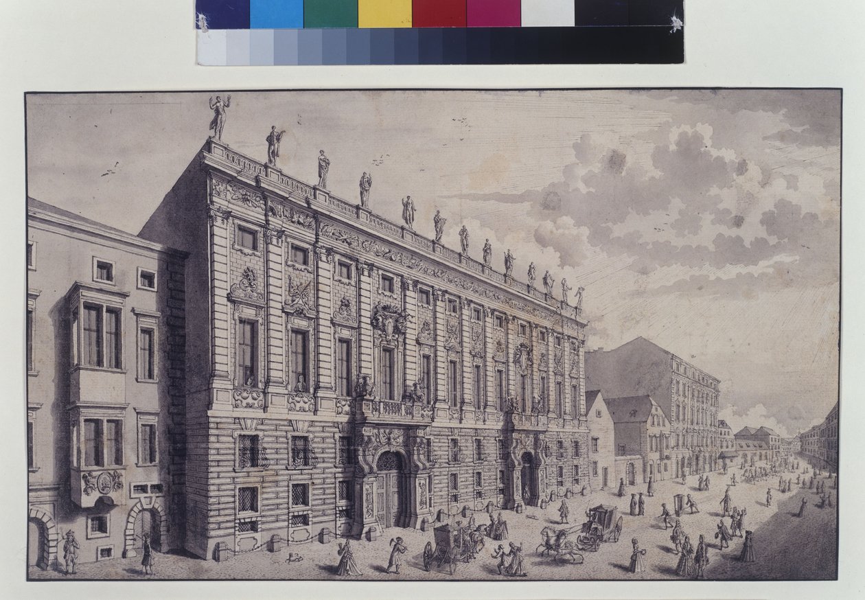 Volledige pagina: schuin zicht op het stadspaleis van prins Eugene van Savoye in de Himmelpfortgasse (pen, penseel en inkt) door Salomon Kleiner