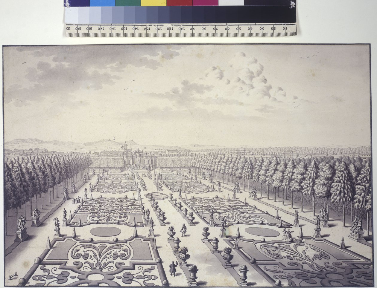 Volledige pagina: uitzicht op de tuinen van het paleis van Liechtenstein in Rossau door Salomon Kleiner