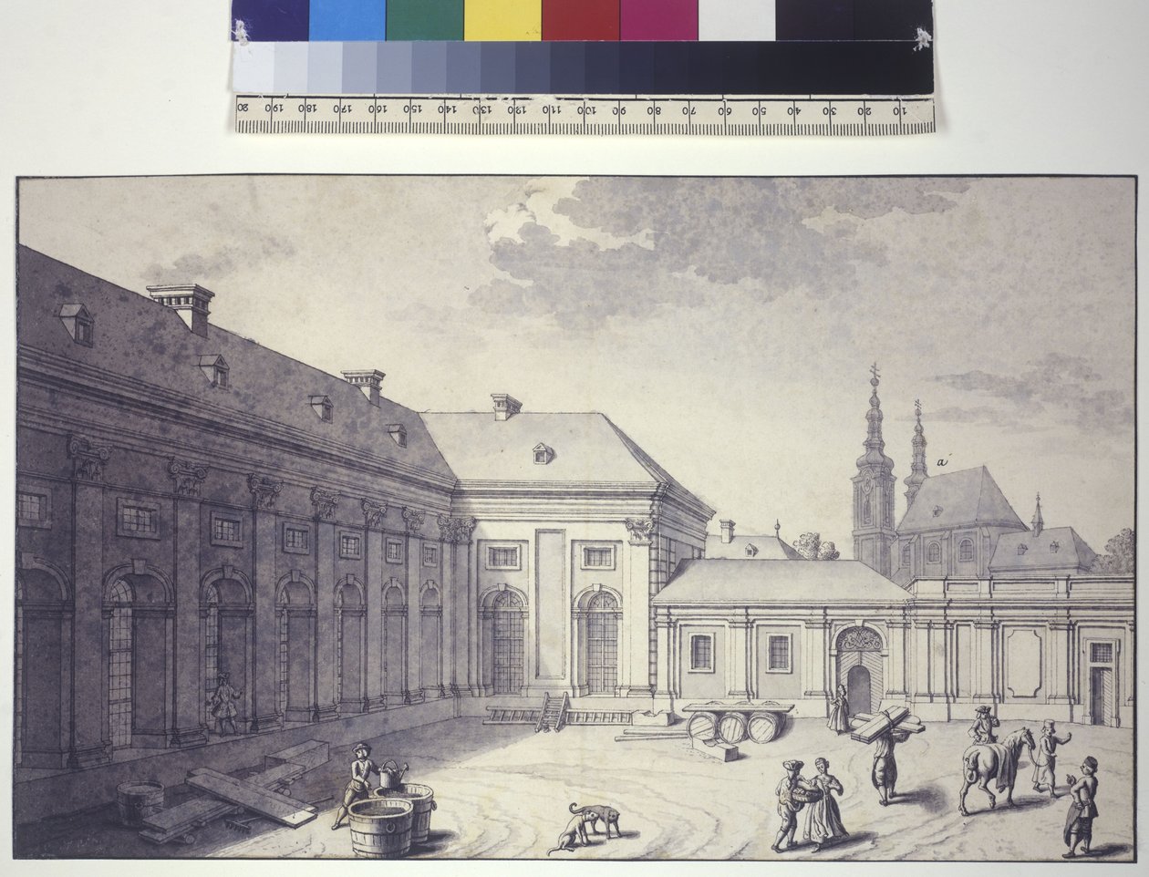 Volledige pagina: zicht op de binnenplaats vooraan de Orangerie (pentekening) door Salomon Kleiner