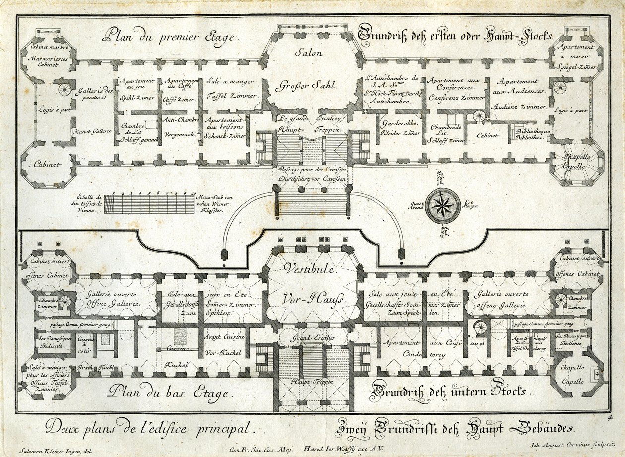 Plattegrond van de begane grond en de hoofdverdieping van het bovenste kasteel door Salomon Kleiner