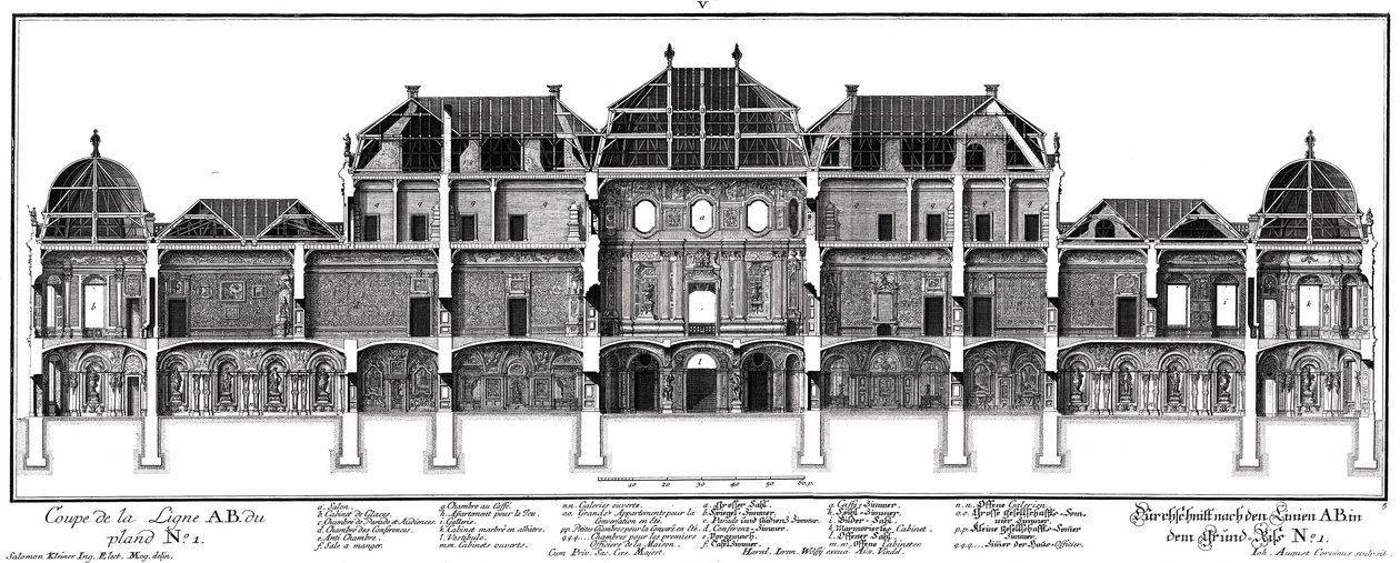 Doorsnede van het kasteel aan de tuinzijde door Salomon Kleiner
