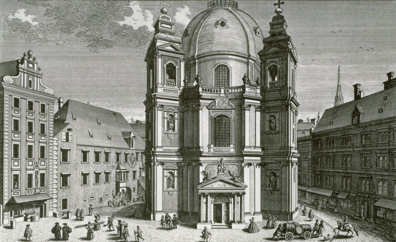 Zicht op de Peterskirche, Wenen gegraveerd door Johann Bernard Hattinger door Salomon Kleiner