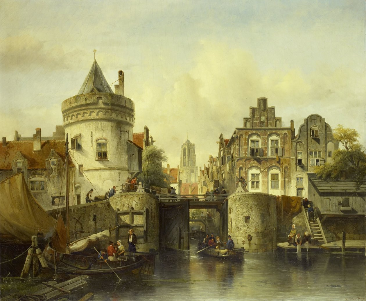 Imaginair uitzicht gebaseerd op de Kolksluis, Amsterdam door Salomon Leonardus Verveer