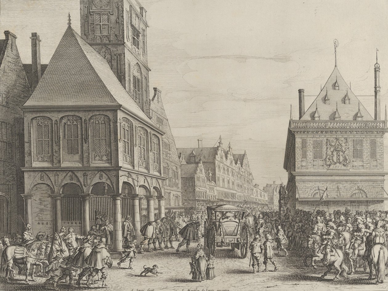 Stadsbestuurders nemen afscheid van Marie de Medici voor het stadhuis, uit Caspar Barlaeu..., 1638 door Salomon Savery