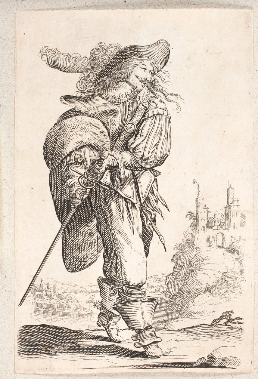 Lopende man, driekwart profiel naar rechts, grijpt naar het zwaard bij zijn heup. Op de achtergrond een kasteel door Salomon Savery