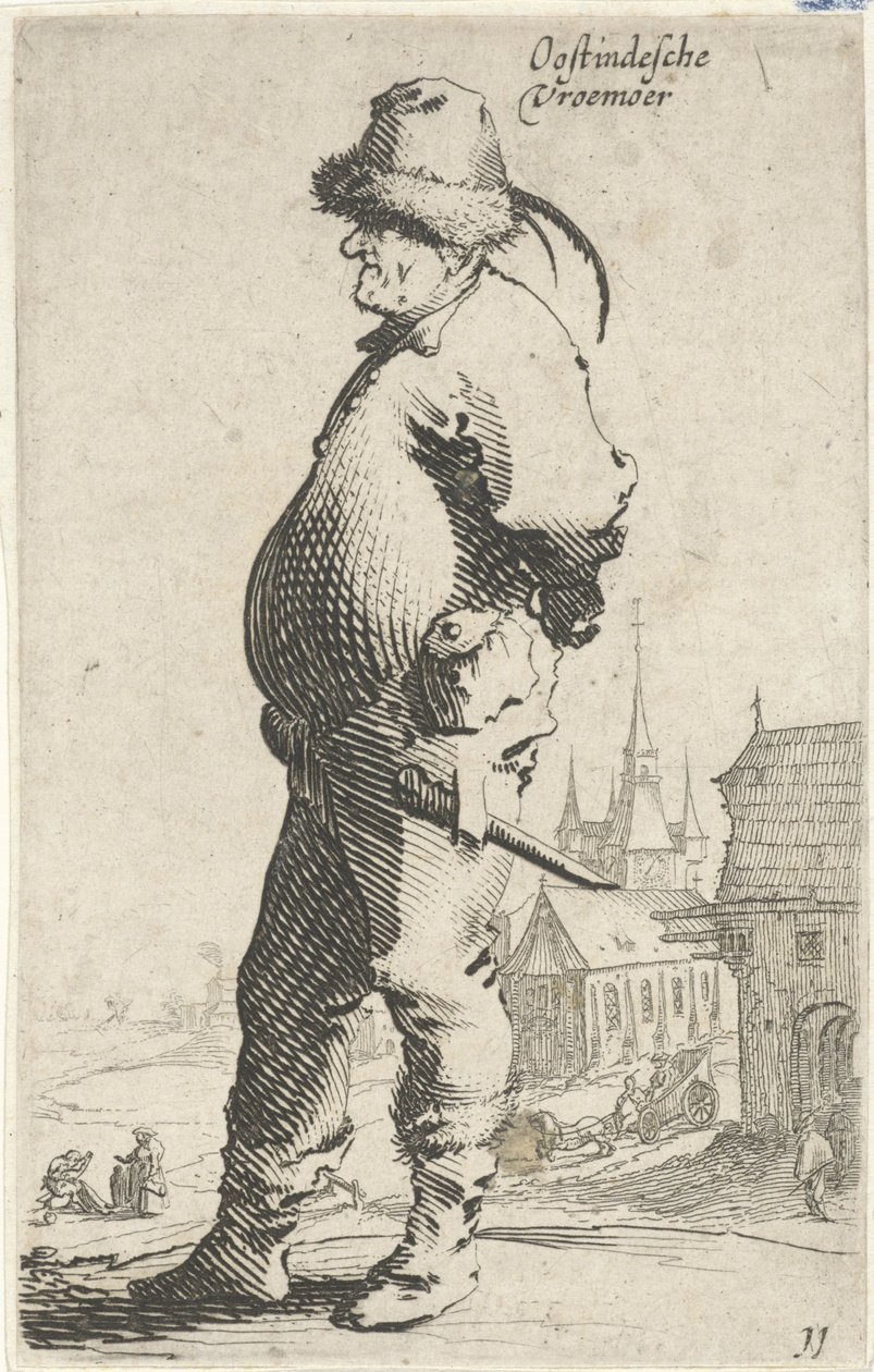 Man en profil, op de achtergrond een kerk en een gebouw met galerij door Salomon Savery