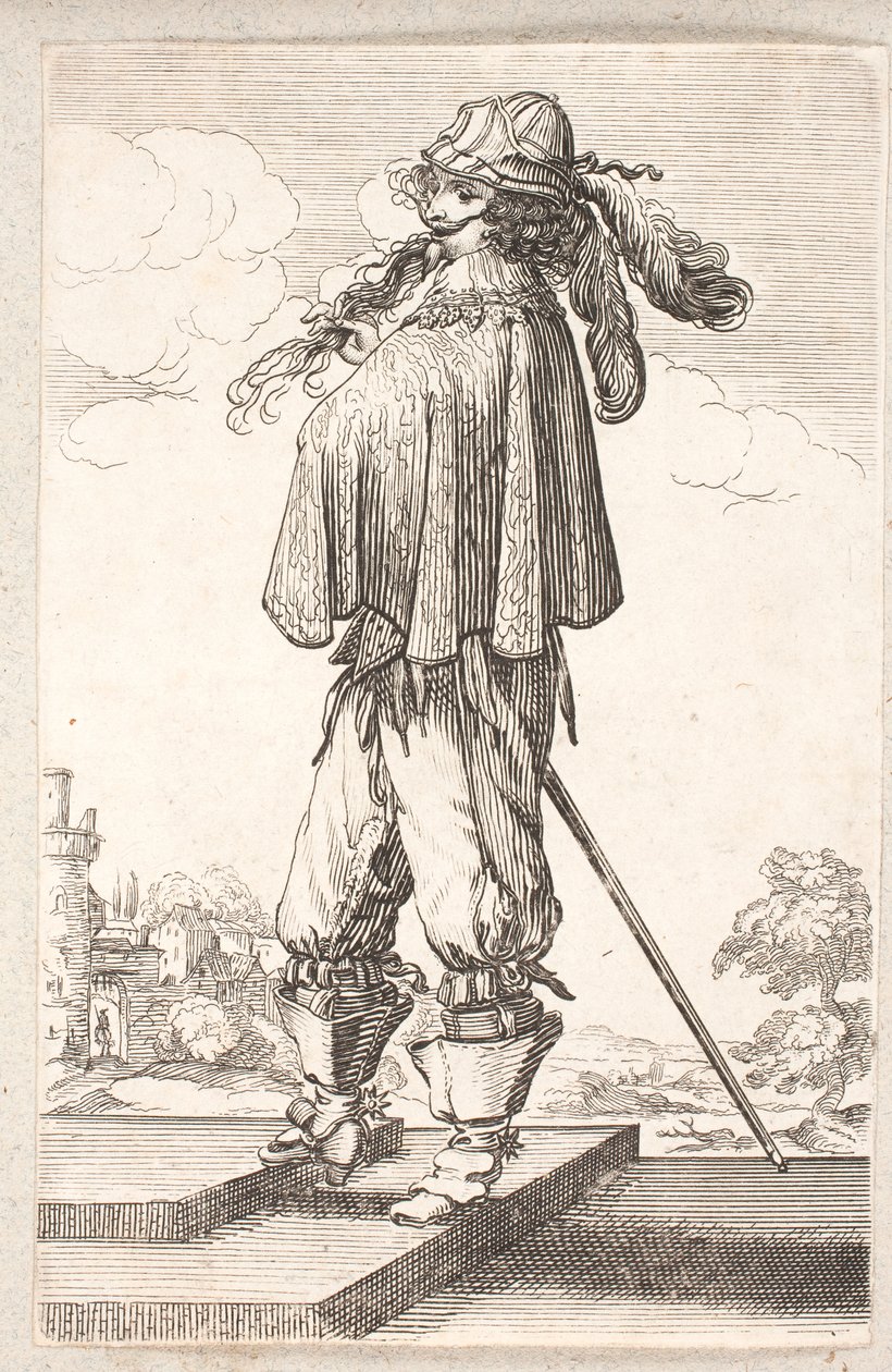 Man, profiel naar links, met degen en hoed met veren, op weg naar boven op twee traptreden door Salomon Savery
