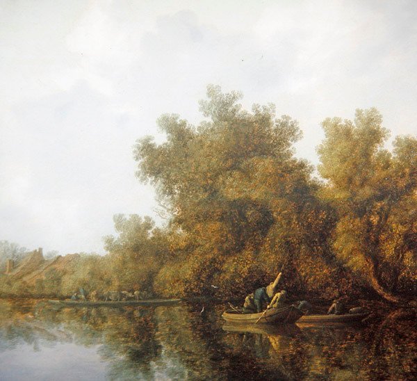 Rivierlandschap met vissers in roeiboten die een vangst binnenhalen door Salomon van Ruisdael or Ruysdael