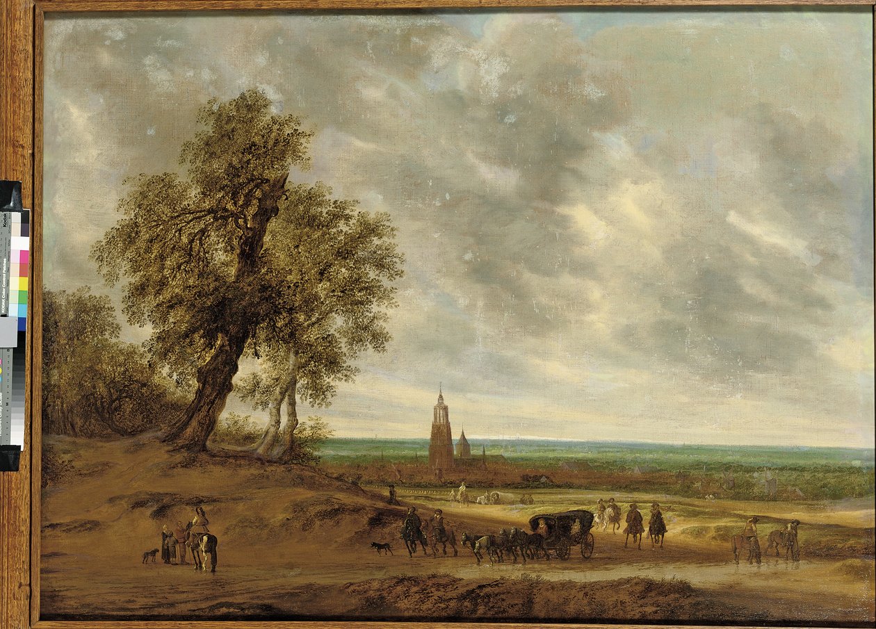 Een panoramisch landschap met reizigers op een pad, de stad Amersfoort in de verte, 1634 door Salomon van Ruisdael or Ruysdael