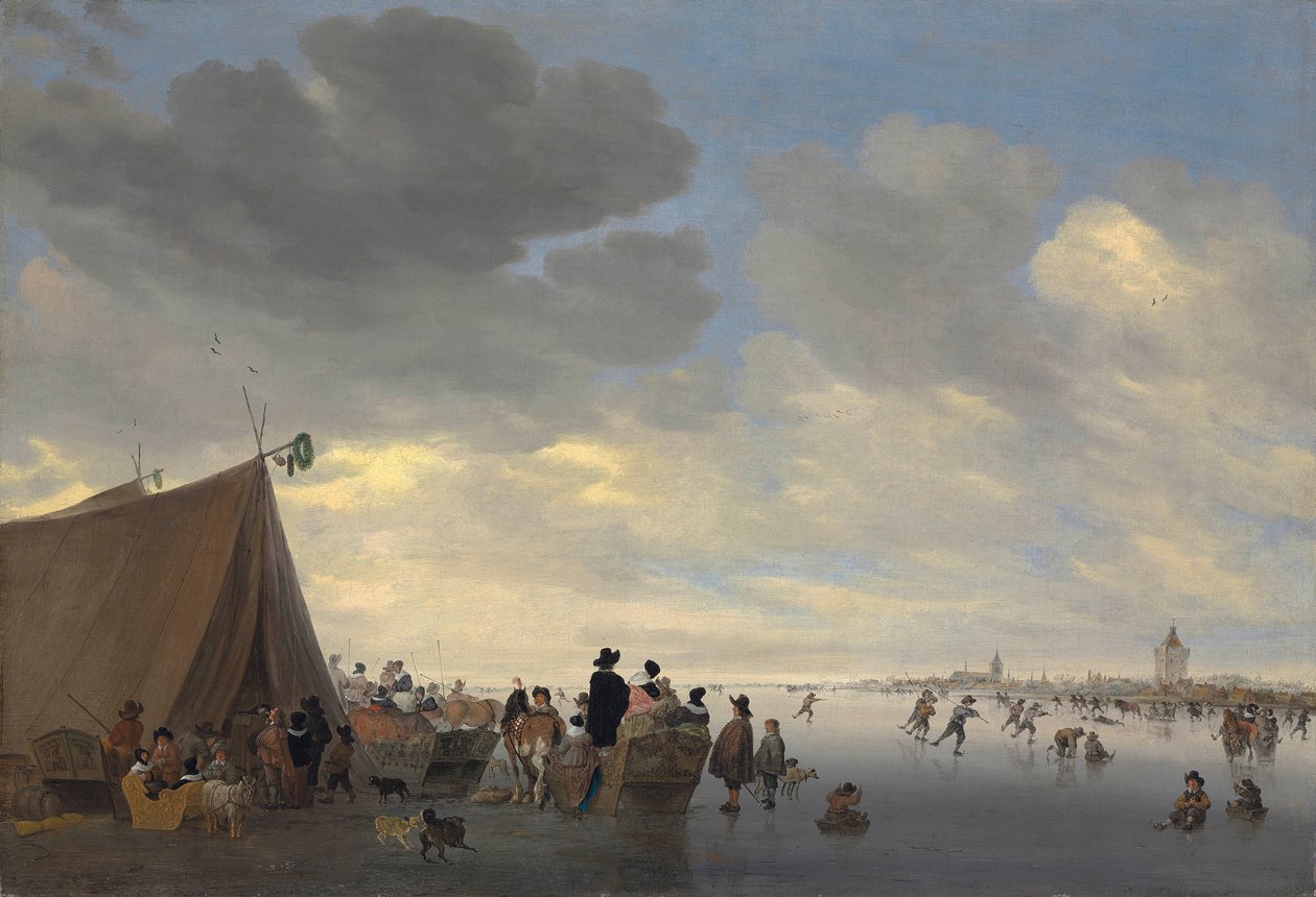 Schaatsers op de bevroren rivier Lek, de stad Vianen op de achtergrond, 1653 door Salomon van Ruisdael or Ruysdael
